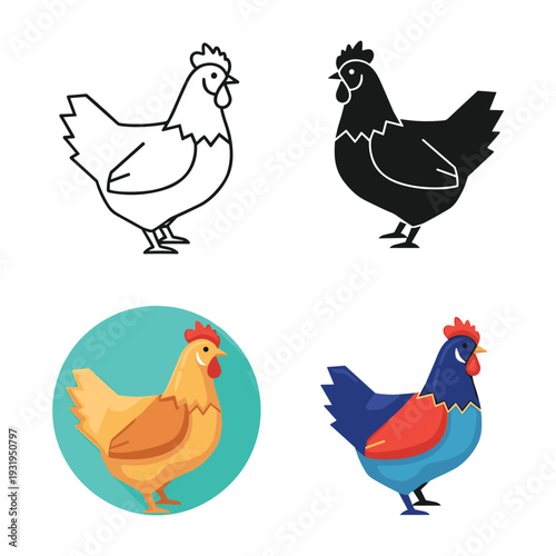 Colorful and monochrome illustrations of roosters and hens in various styles