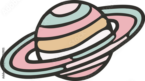 A cartoon planet with rings and pastel colors. Outlined with black, it appears to be floating