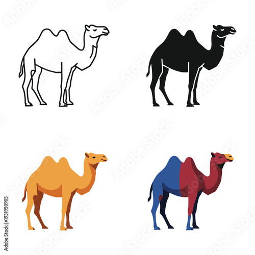 Four distinct illustrations of camels with varying colors and patterns