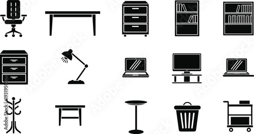 Office furniture and workspace equipment icon set including chair, desk, bookshelf, computer, cabinet and workstation silhouette vector collection