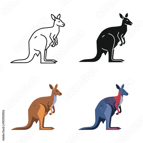Four stylized illustrations of kangaroos in different colors and poses