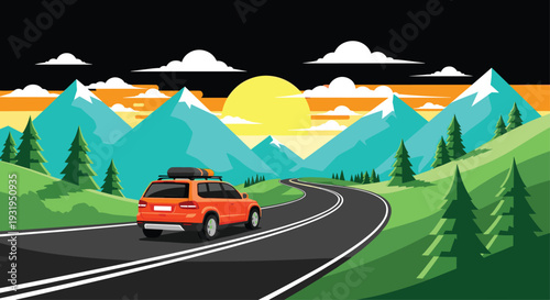 Orange SUV car driving on winding mountain road at sunset with green pine trees and snowy peaks for travel concept.
