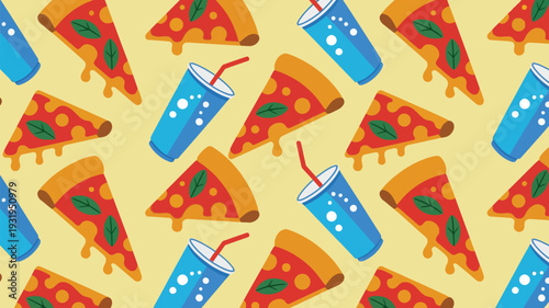Colorful pizza slices and fizzy drinks on yellow background