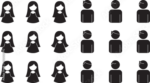 Silhouette grid of male and female human icons representing gender distribution, demographic balance, equality, diversity, and visual data illustration for modern design projects