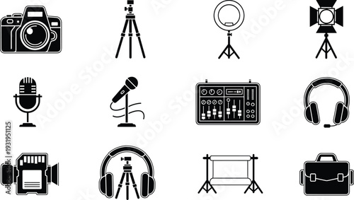 Professional Photography and Videography Equipment Icons Set, Camera Tripod Microphone Headphones Studio Lights Audio Mixer Vector Illustration Collection