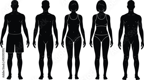 Set of athletic male and female body silhouettes in underwear and swimwear isolated on white background for fitness and anatomy