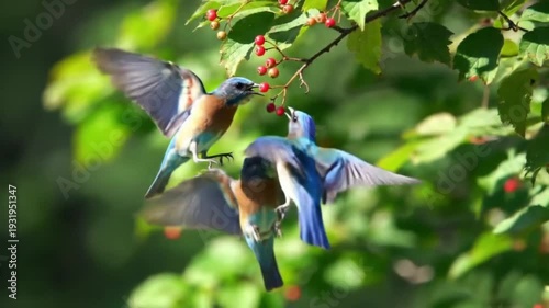 Three small blue birds gather berries from a bush during daytime.