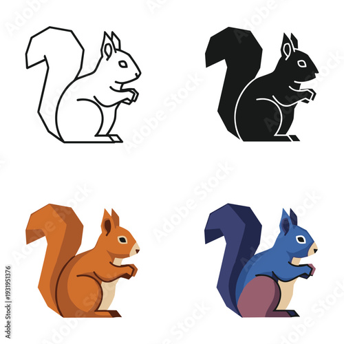 Four stylized squirrels in different colors and line styles