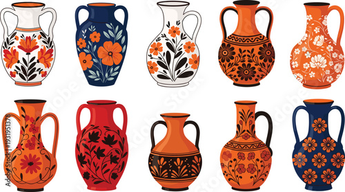 Set of Colorful Floral Ceramic Vases with Folk Art Patterns Isolated on White Background, Decorative Vintage Pottery Illustration Collection