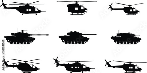 Military vehicle silhouettes, helicopters, tanks, defense icon, war equipment, black illustration, combat design, army symbol, weapon outline, aviation art