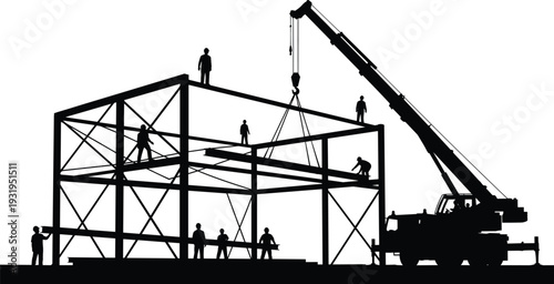 Steel Frame Construction with Mobile Crane and Workers Assembling Structural Building Framework Silhouette Industrial Engineering Illustration