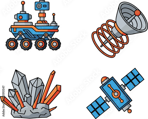 Space exploration icons set with moon rover planetary satellite antenna dish and crystal minerals isolated on white background for science concept.