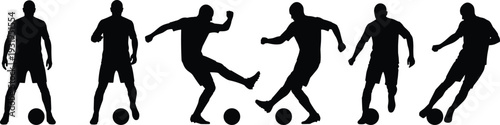 Soccer player silhouettes, football poses, dribbling figure, kicking motion, sports icon, athletic design, black illustration, dynamic art, training symbol