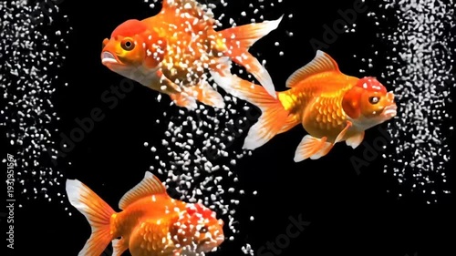 Goldfish swim upwards through rising bubbles against a black background.