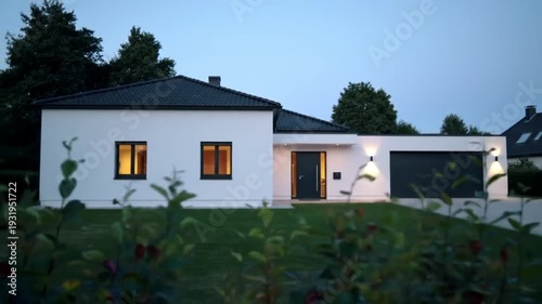 Modern white house with illuminated windows at dusk.