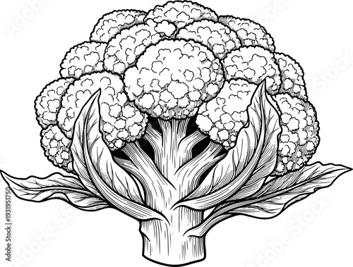 Detailed black and white line of a whole cauliflower with leaves a white background