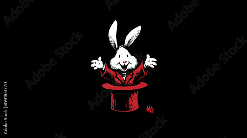 A cartoon rabbit in a tuxedo emerges from a hat on a black background