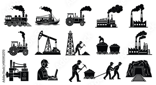 Collection of black and white vector icons representing various historical industrial machinery and manual labor concepts