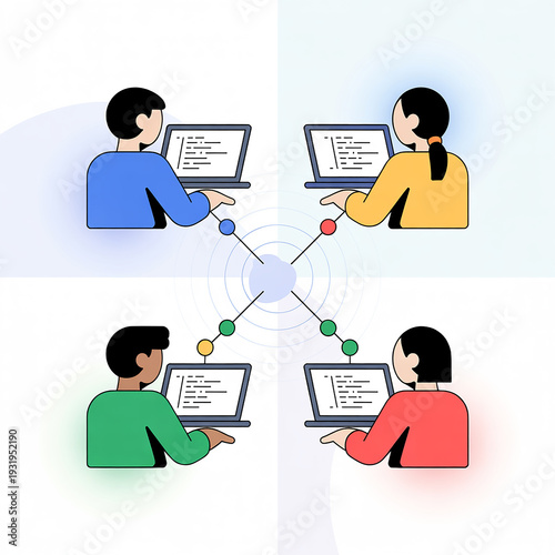 People collaborating digitally with laptops and network connections collaboration technology