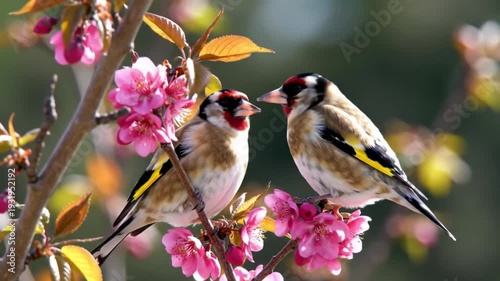 Two colorful goldfinches rest on a blossoming branch among pink flowers.