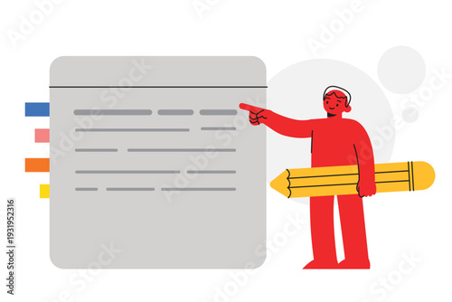 Man Character Presenting Giant Document Representing Planning and Content Strategy Concept. Character Vector illustration design.