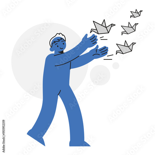 Man Character Releasing Birds Representing Market Expansion and Information Dissemination Concept. Character Vector illustration design.