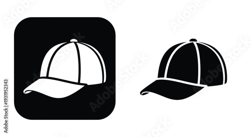 A simple black and white vector illustration depicting a classic baseball cap for sports and casual wear design.