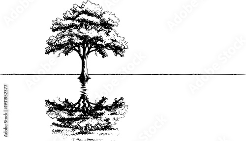 Single deciduous tree with detailed foliage reflected in calm water black and white