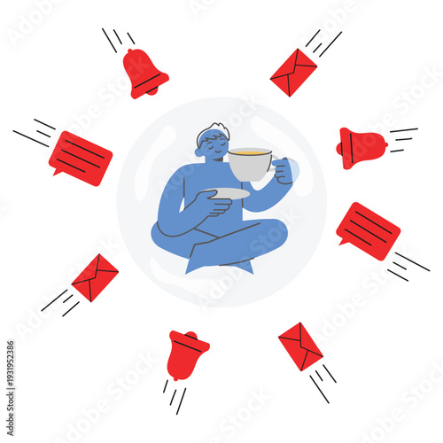 Man Professional Character Sipping Tea Inside Bubble Shielding From Sharp Notification Icons Concept. Character Vector illustration design.