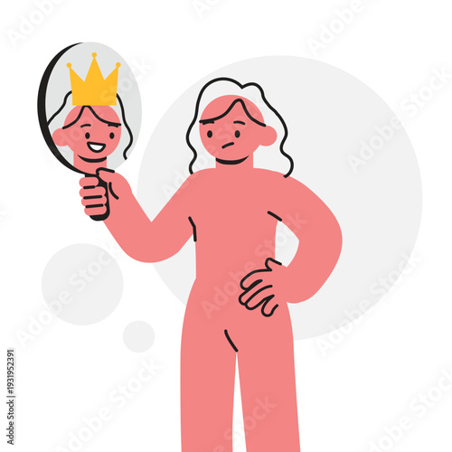 Woman Character Looking in Mirror Seeing Self with Crown Representing Self-worth and Confidence Concept. Character Vector illustration design.