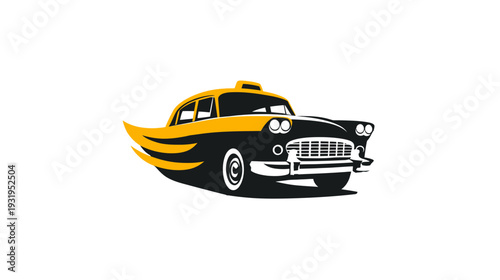A black and yellow car with a stylized wing. A vintage taxi icon on a white backdrop