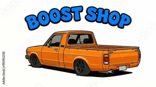 Vibrant Orange Pickup Truck with Custom Wheels and BOOST SHOP Text.