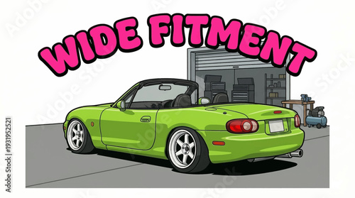 Vibrant green convertible sports car with wide fitment rims on road.
