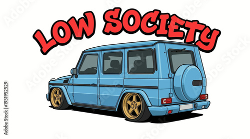 Blue SUV with gold rims and Low Society text.