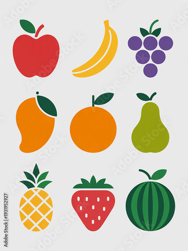 Red apple yellow banana purple grapes orange mango orange citrus green pear yellow pineapple red strawberry green
