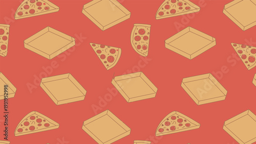 Delicious pepperoni pizza slices and boxes on red background
