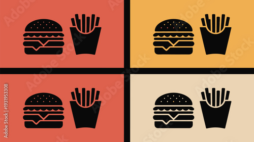 Colorful fast food icons set with burgers and fries