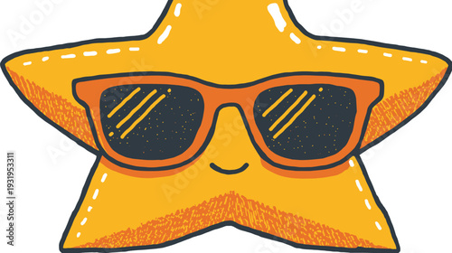 A smiling, cartoonish star with sunglasses against a white background, orange and yellow