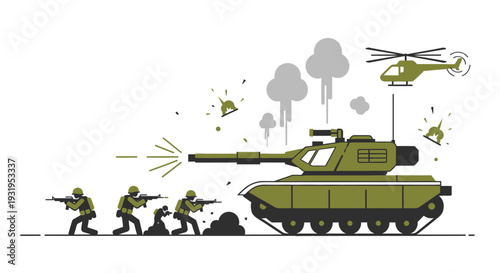 Military scene depicting a tank soldiers helicopter and explosions in a flat style