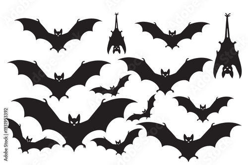 Spooky Halloween Bat & Flying Bats Silhouette Vector Set – Black Gothic Clip art Collection