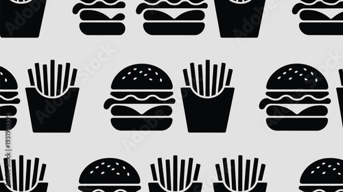 Black icons of burgers and fries on light gray background