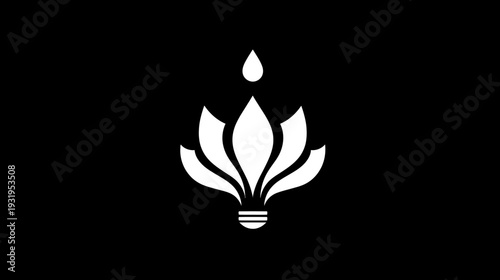 A white logo on black depicting a stylized flower with droplet and a lightbulb base