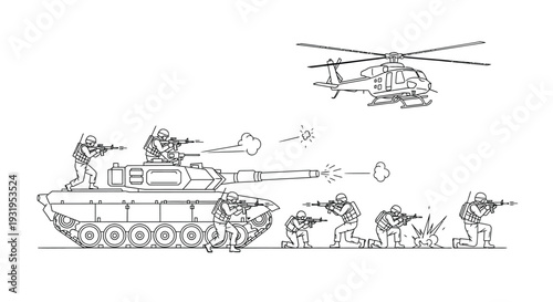 Line drawing depicting a military scene with a tank helicopter and soldiers