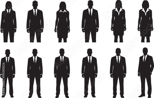 Twelve business professional silhouettes in formal attire, suits and skirts, corporate diversity representation, isolated black figures for workplace 