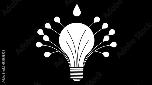 A white illustration of a lightbulb with a water droplet above it and leafy elements inside
