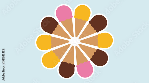 Colorful ice cream cones arranged in circular pattern