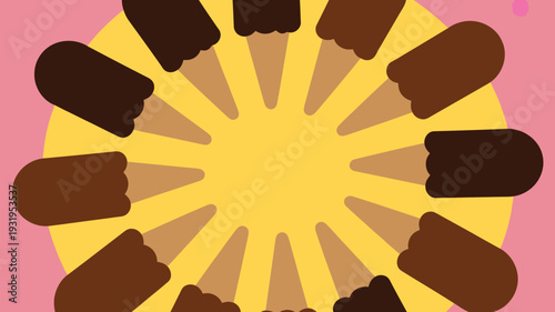 Vibrant ice cream cones in a sunny pattern on pink background