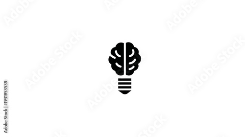 Black and white illustration depicting a brain as the light bulb element, centered on white