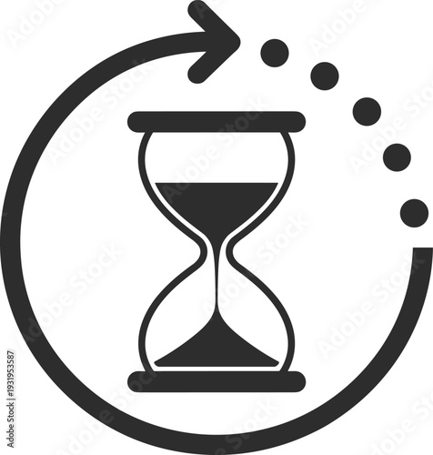 Black and White Hourglass Icon with Circular Loading Arrow and Dotted Progress Line Representing Time Management, Deadline Countdown, History Reset, and Efficiency Workflow Concept