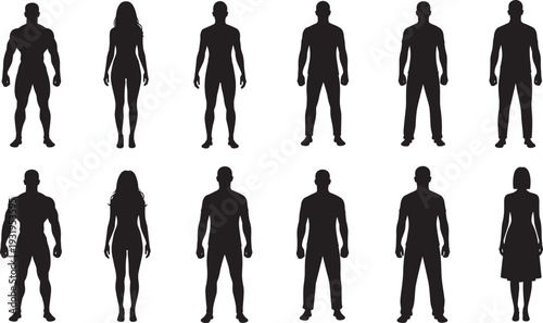 Twelve diverse human silhouettes in two rows, varying body shapes and postures, masculine and feminine forms, isolated black figures for design, diversity, and social representation